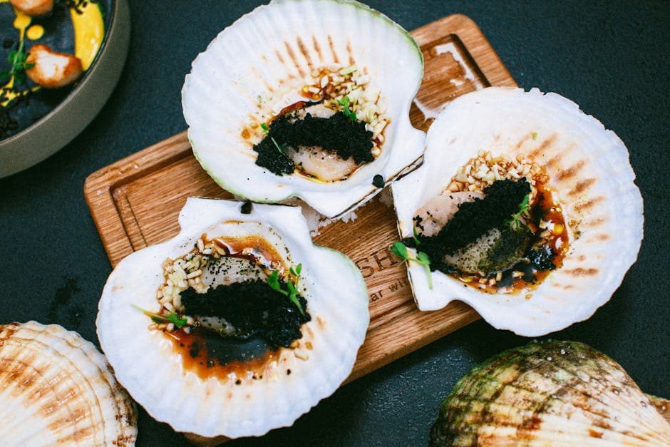 Crudo av kamskjell og muslinger