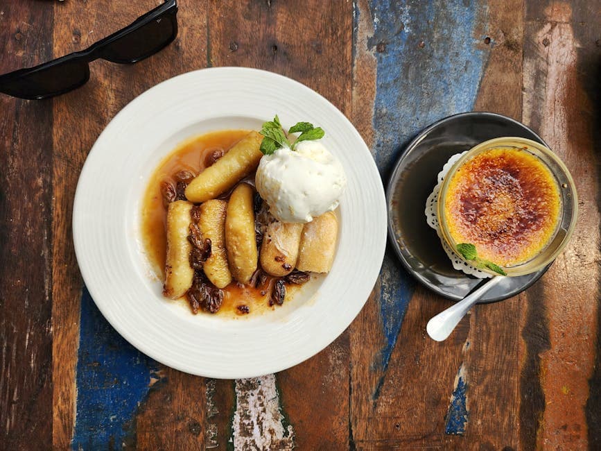 Karamellisert ananas og crème caramel med bananiskrem