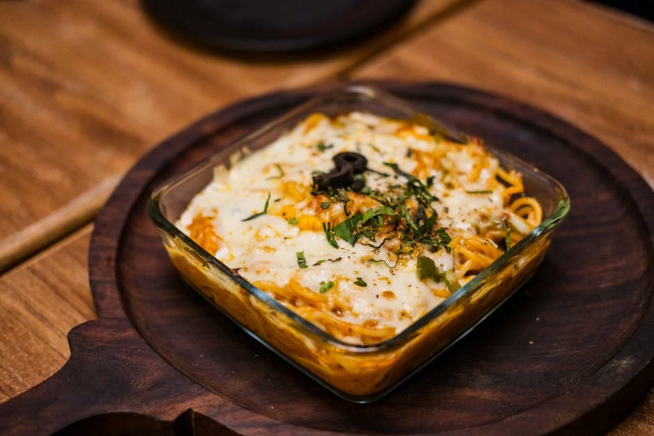 Bakt angel hair-pasta med aubergine og pølse