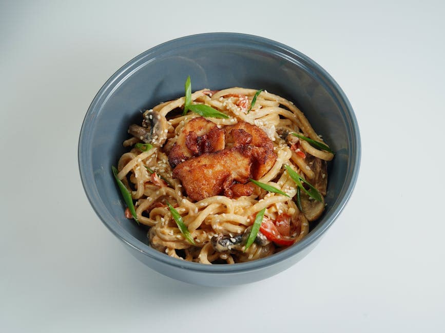 Udon-nudler med kylling, skalldyr og grønnsaker