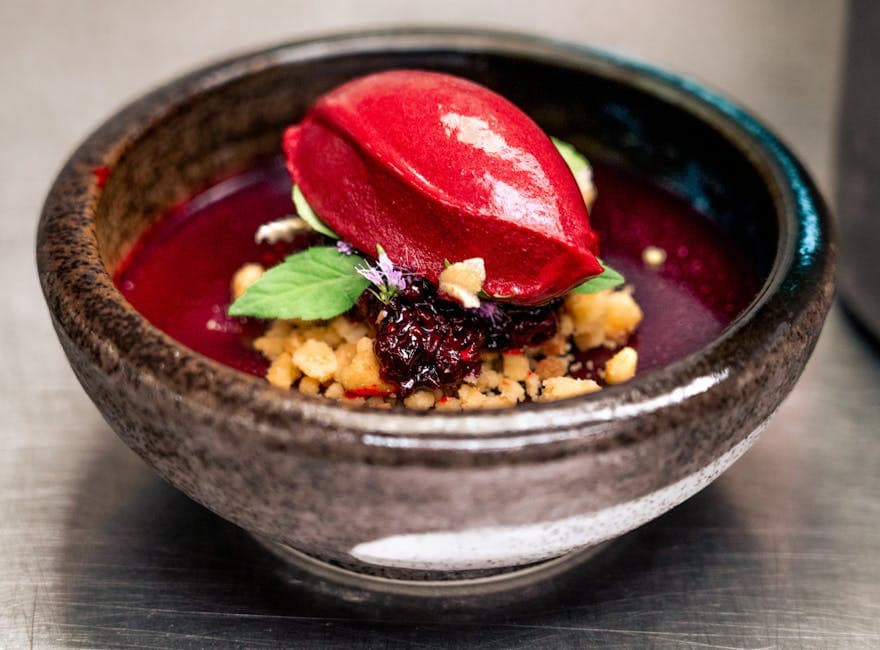 Champagnesuppe med bjørnebær og rømme-sorbet