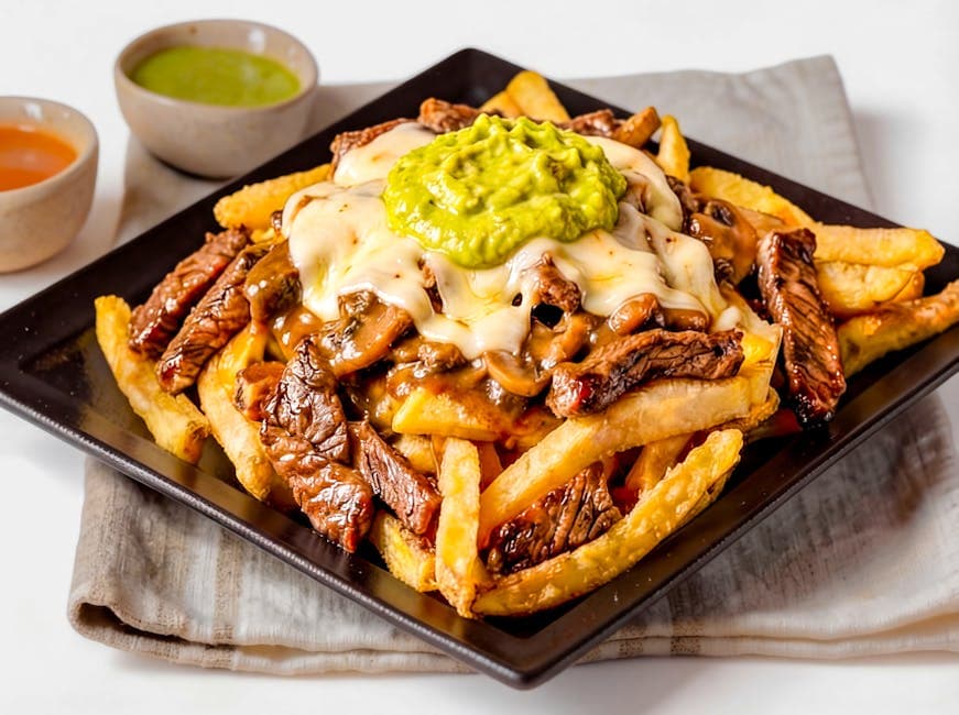 Sprø biffstrimler med grønn chili- og ostesaus