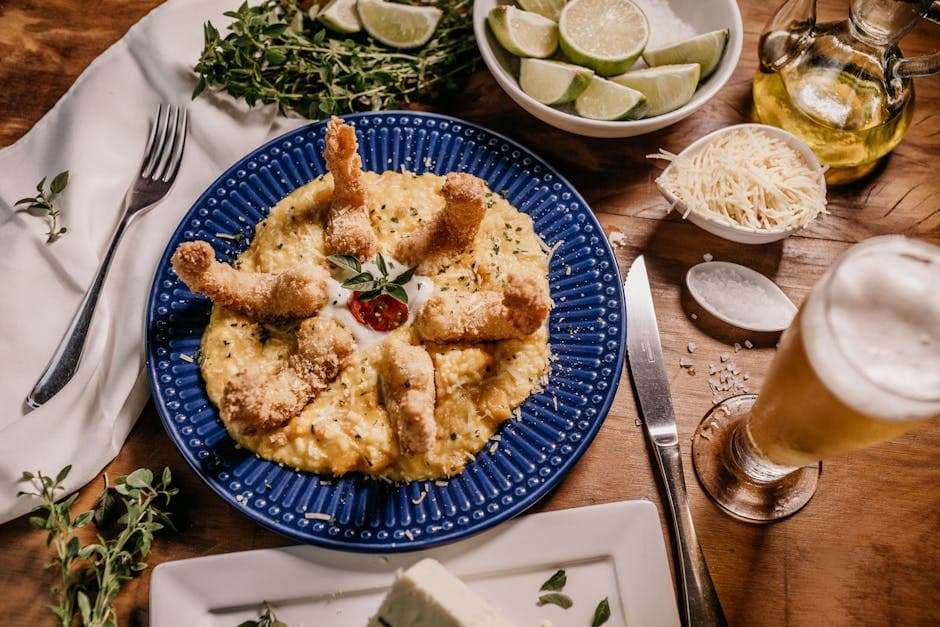 Reker og ostegrits med bacon og sopp