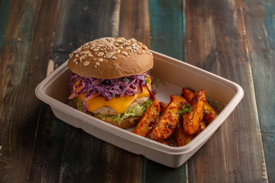 Kalkunburger med chili, rødkålsslaw og sprø fries