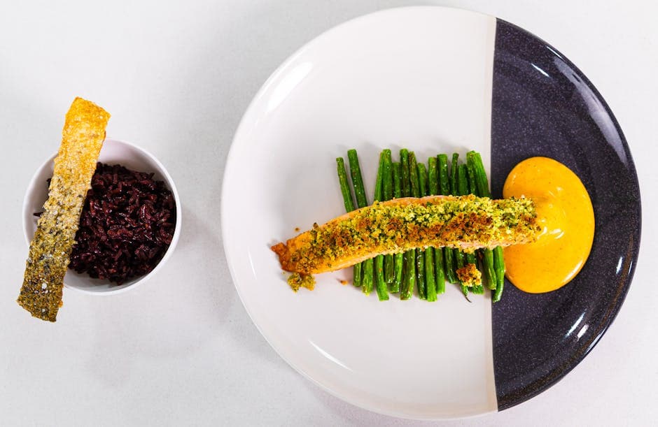 Ørret med urteskorpe, shiitake-ris og shiso-olje