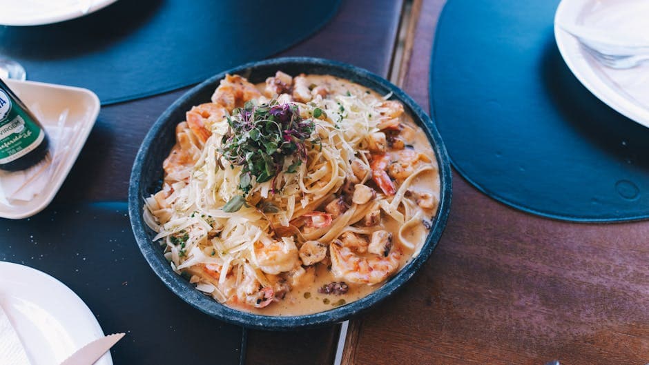 Fettuccine med reker, kamskjell og blåskjell