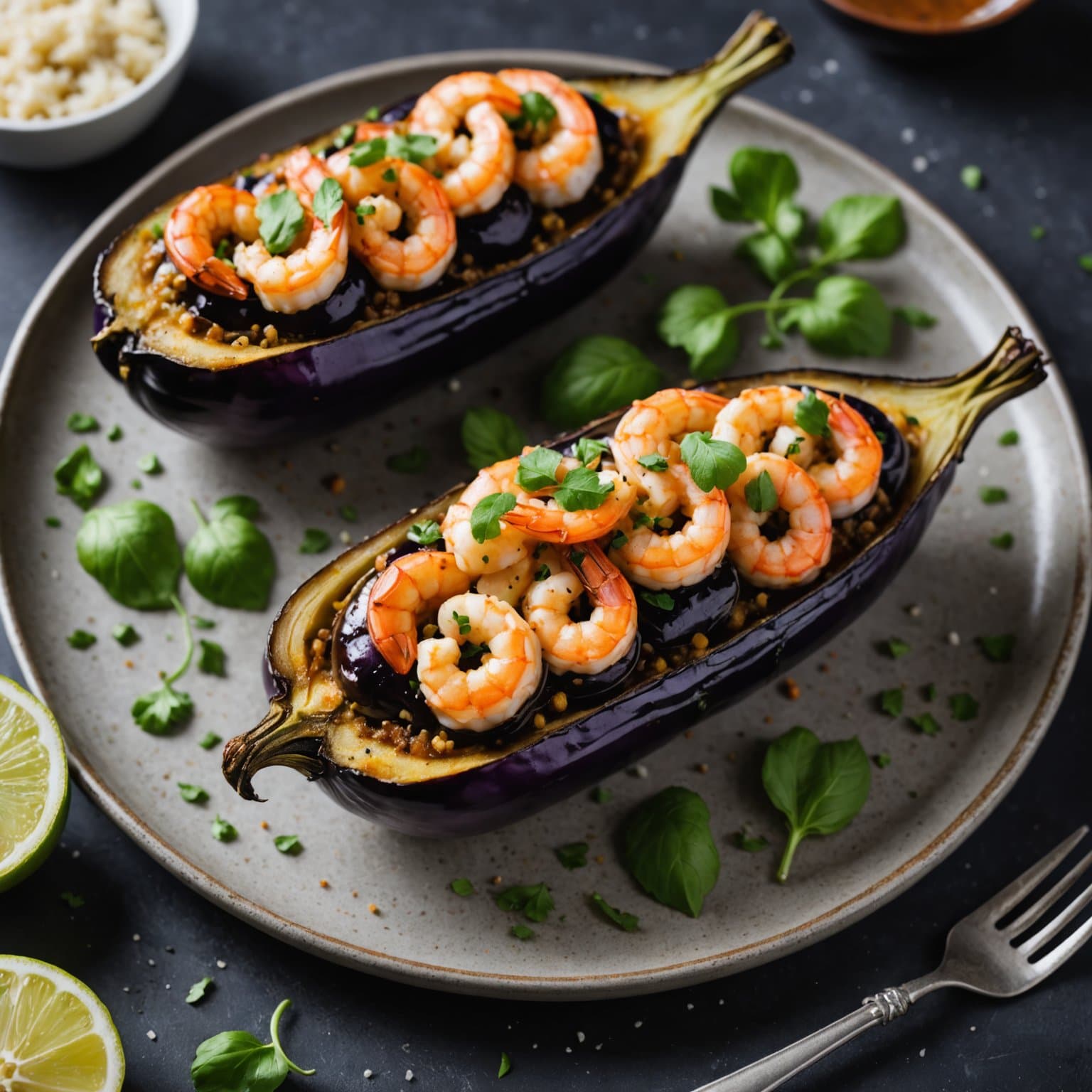 Reker fylt aubergine