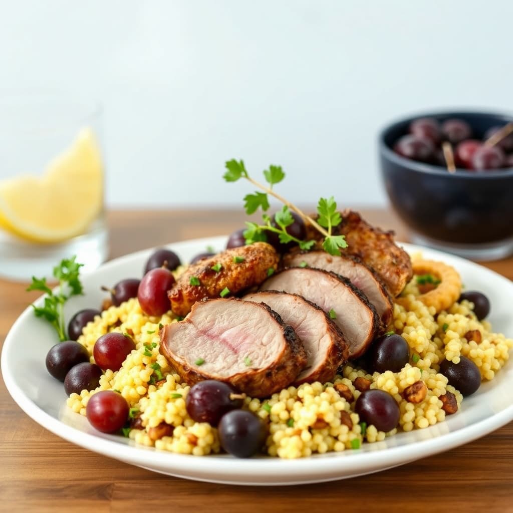 30-minutters ovnsbakt svinekjøtt med druer og couscous