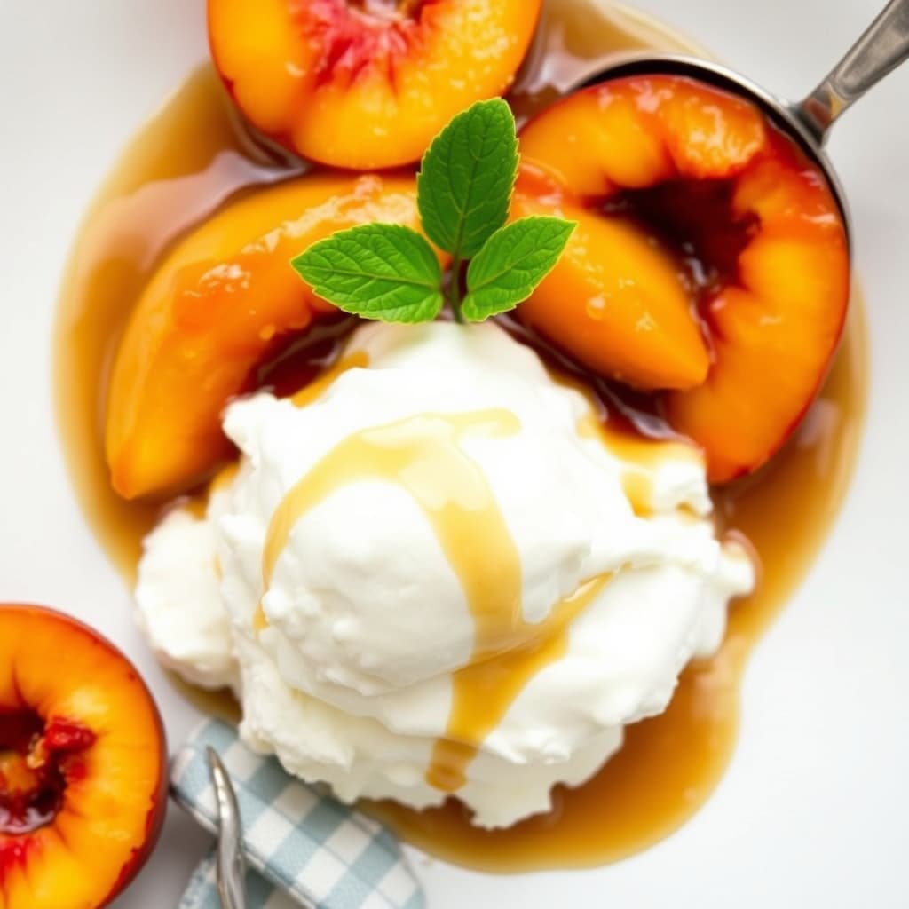 Fersken i karamell over vaniljeis