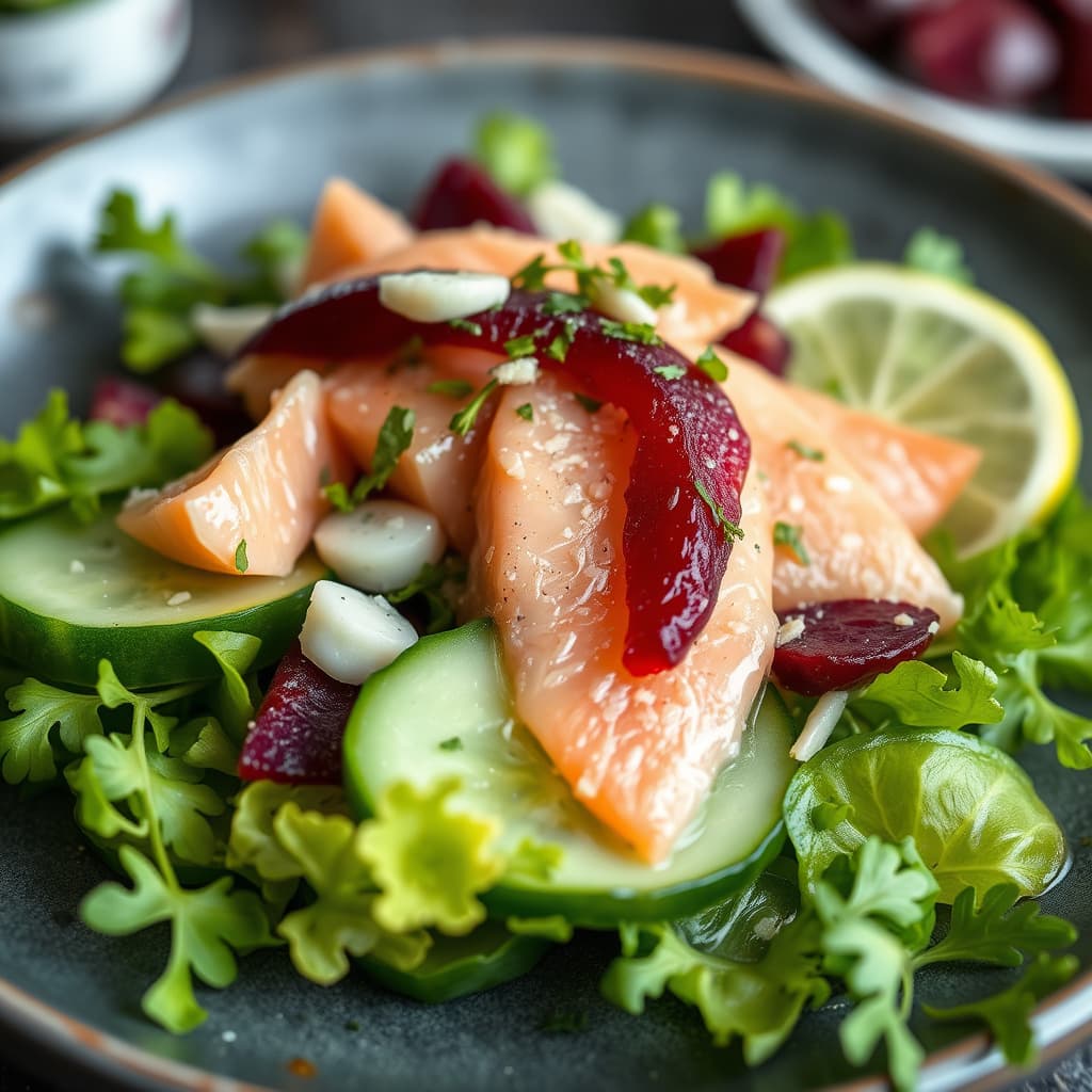 Agurksalat med røkt ørret og syltebeet