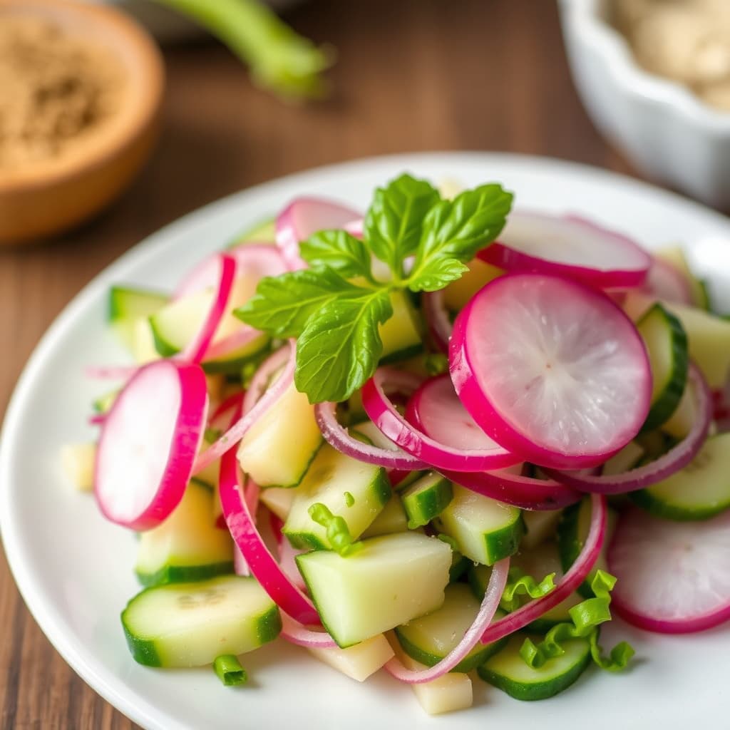 Agurksalat, reddik og rødløksalat