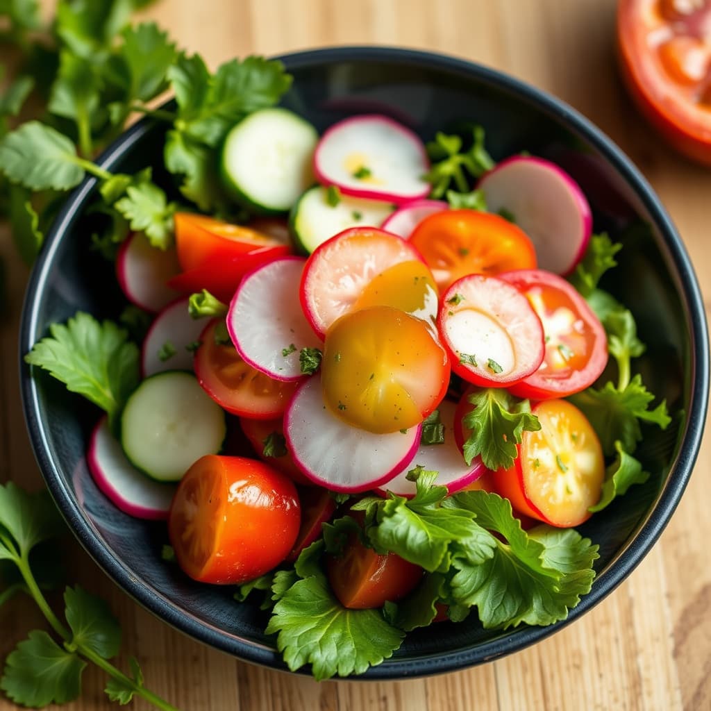 Agurksalat, reddik- og tomatsalat med sitrusdressing