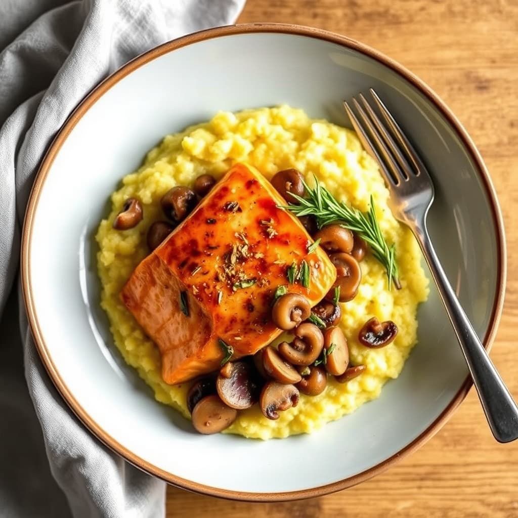 Alderstekt laks med rosmarinkremet polenta og vill sopp- og perleørrongu