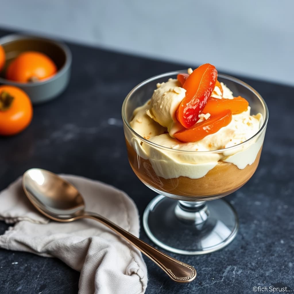 Almond Praline Semifreddo med grappa-pochert aprikos