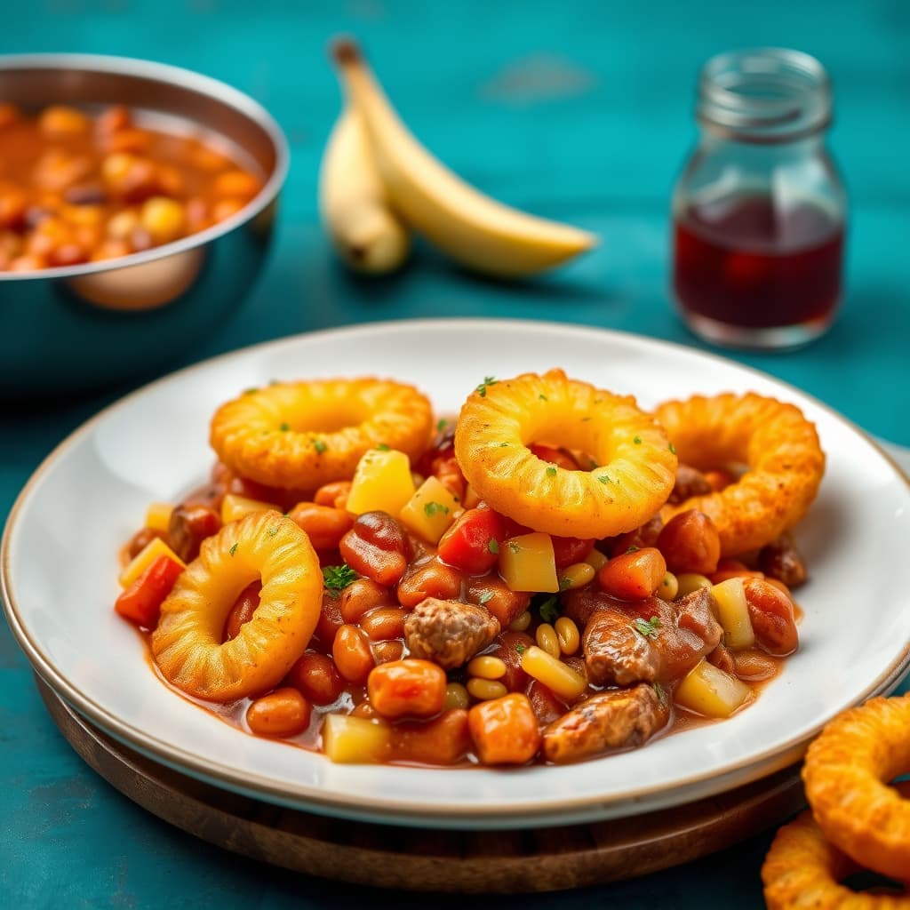 Ananas, bakte bønner og storfekjøtt med stekte ananasringer