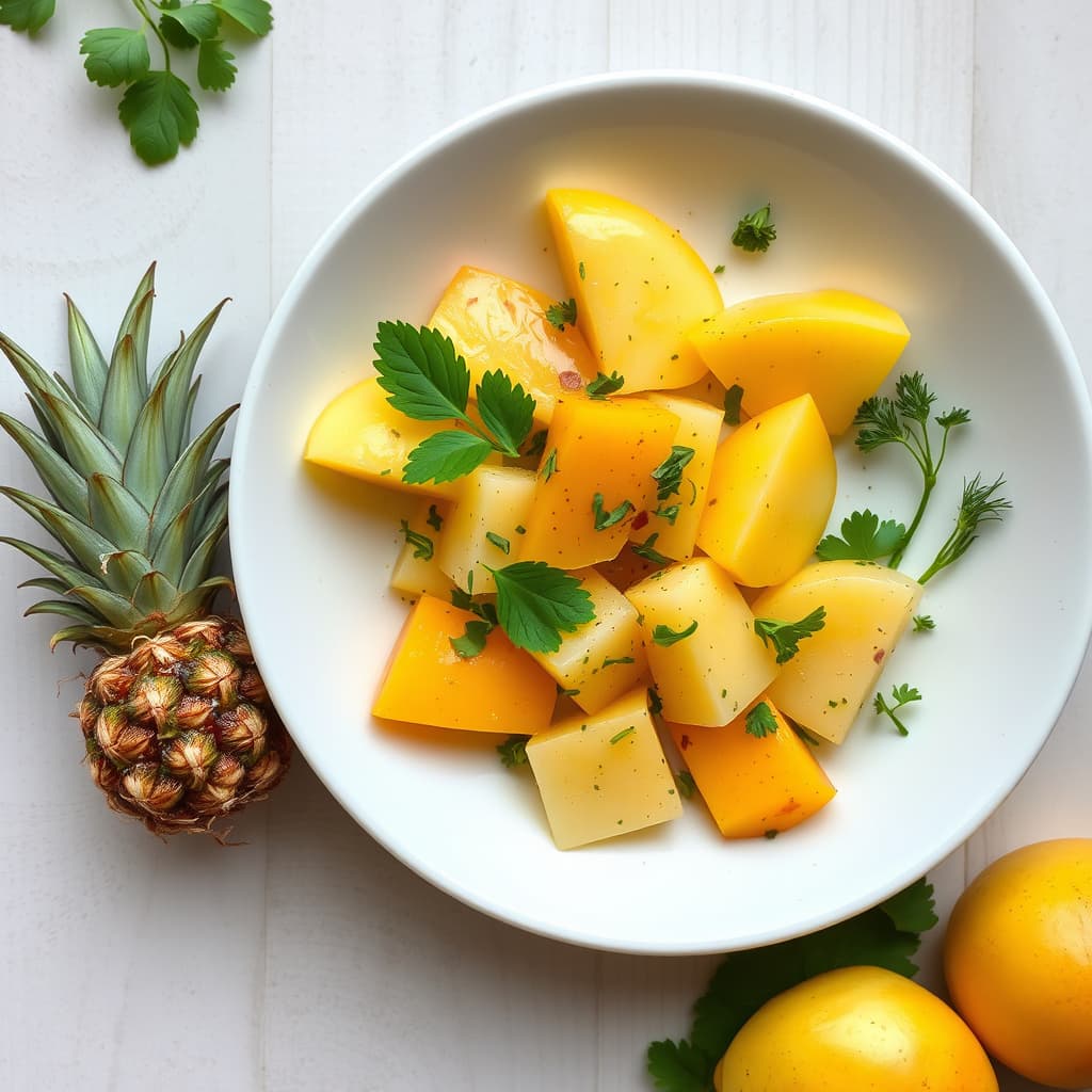 Ananas, honningmelon og mango med ingefær og ferske urter