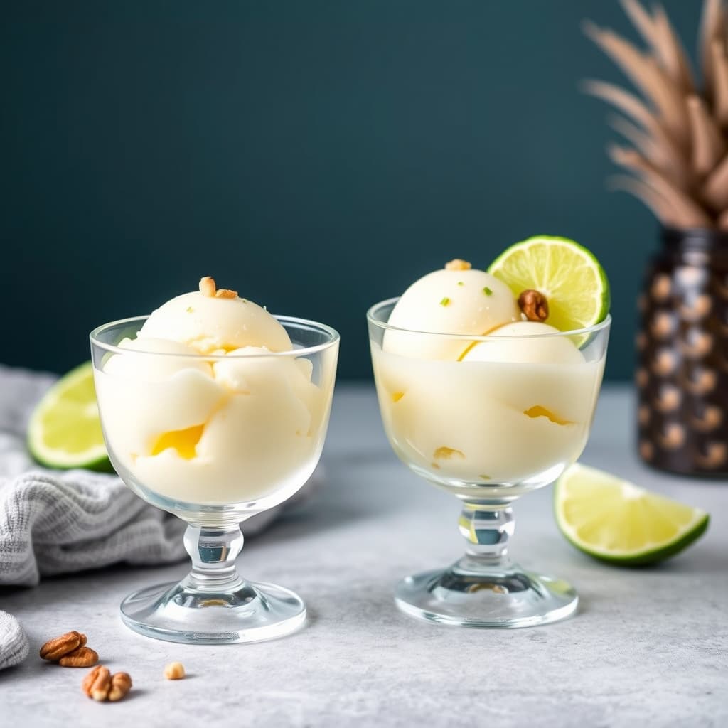 Ananas- og limesorbet med pinjekjerner-karamell