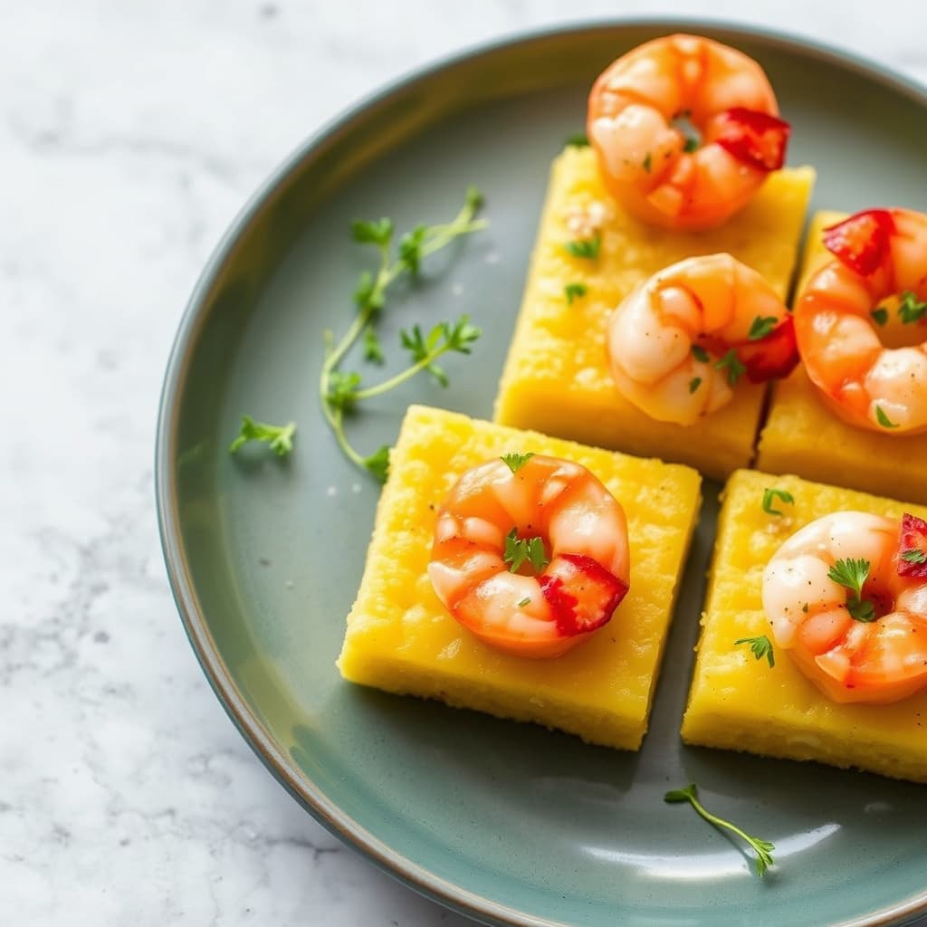 Ananas- og polentakaker med reker