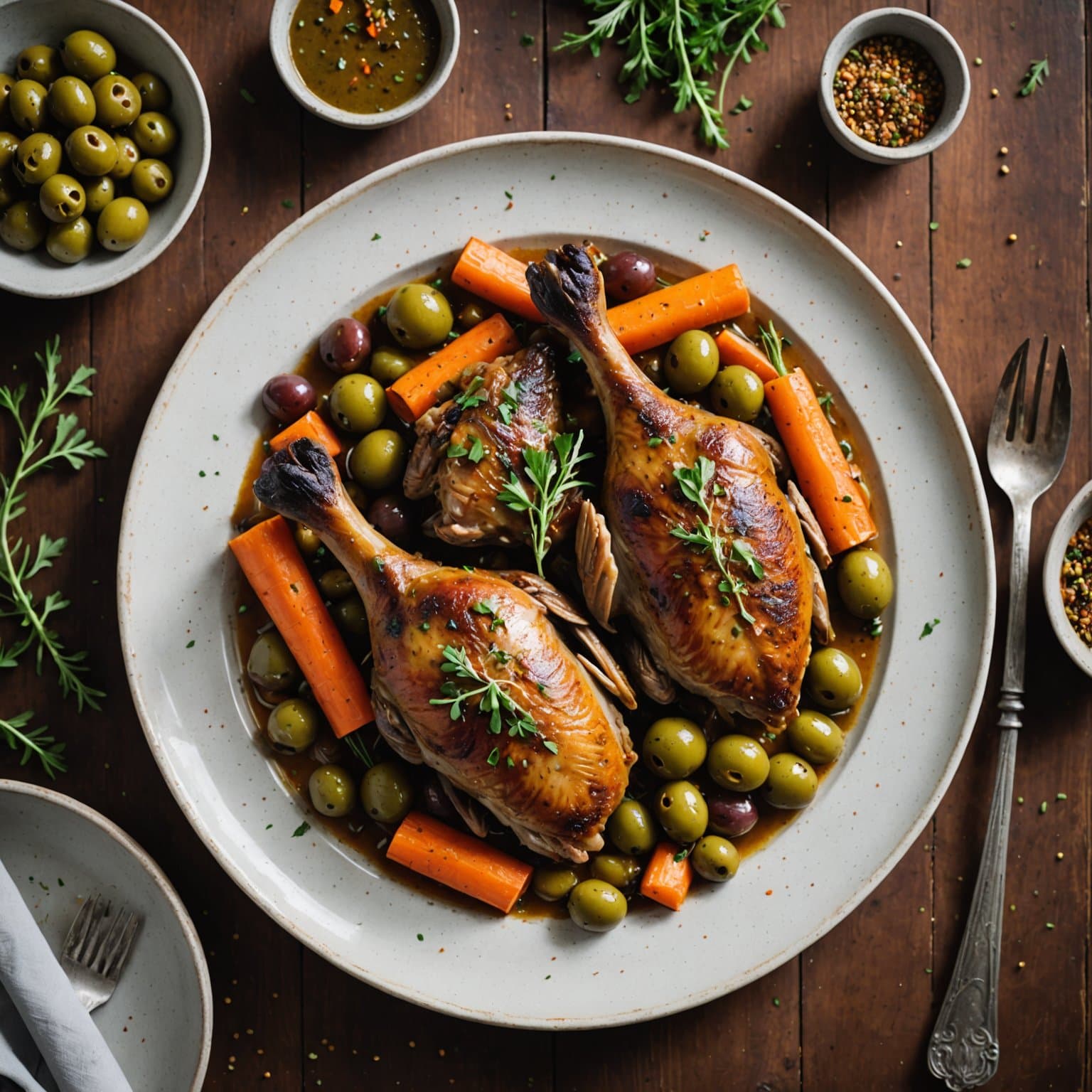 Andebryst med krydderblanding, braisert med grønne oliven og gulrøtter