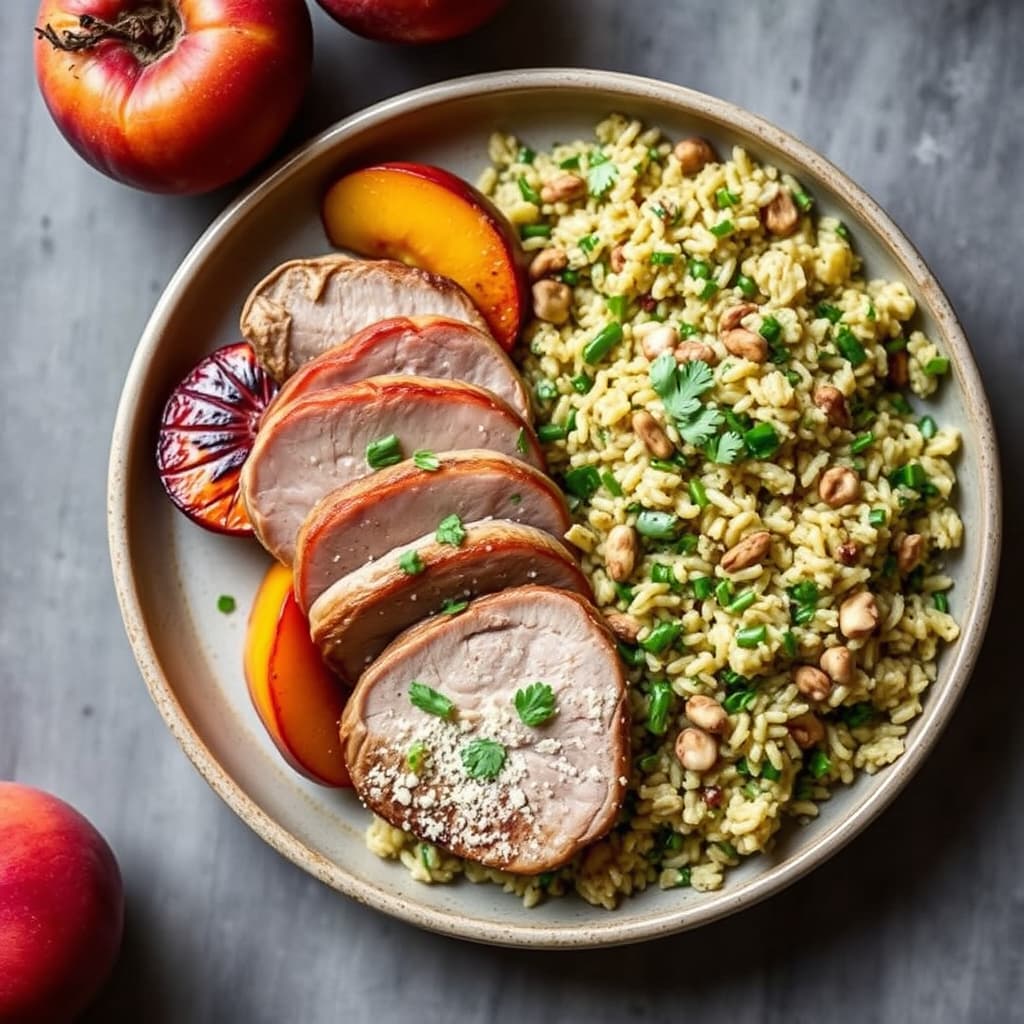 Andebryst med ovnsbakte ferskner og valnøtt-persille stekt ris