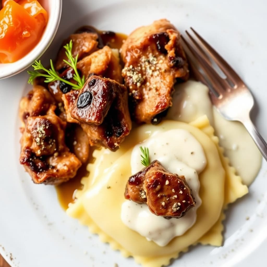 Andeconfit og potet-ravioli med hvit trøffelsaus