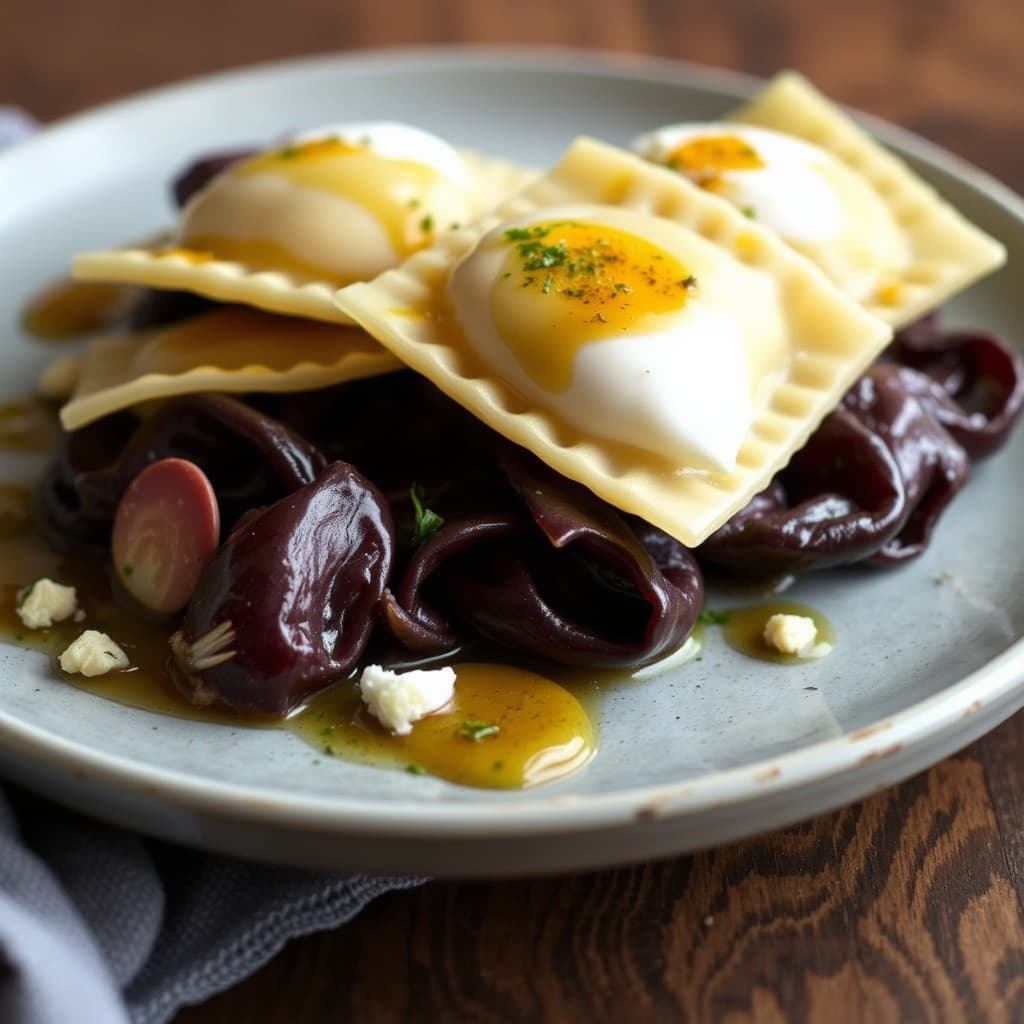 Andekstrømming Ravioli, sauemelkricotta og mandelbrun smør