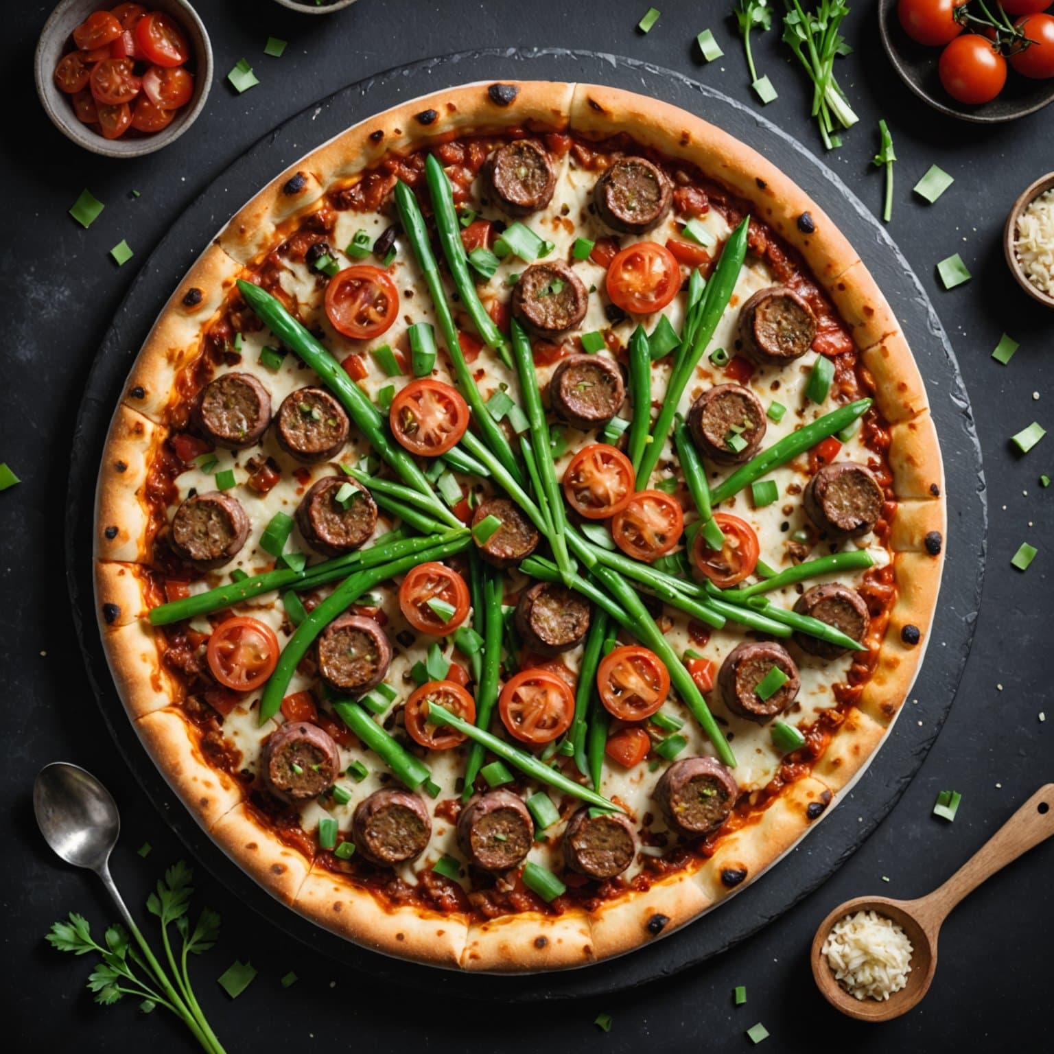 Andepølsepizza med vårløk og tomat