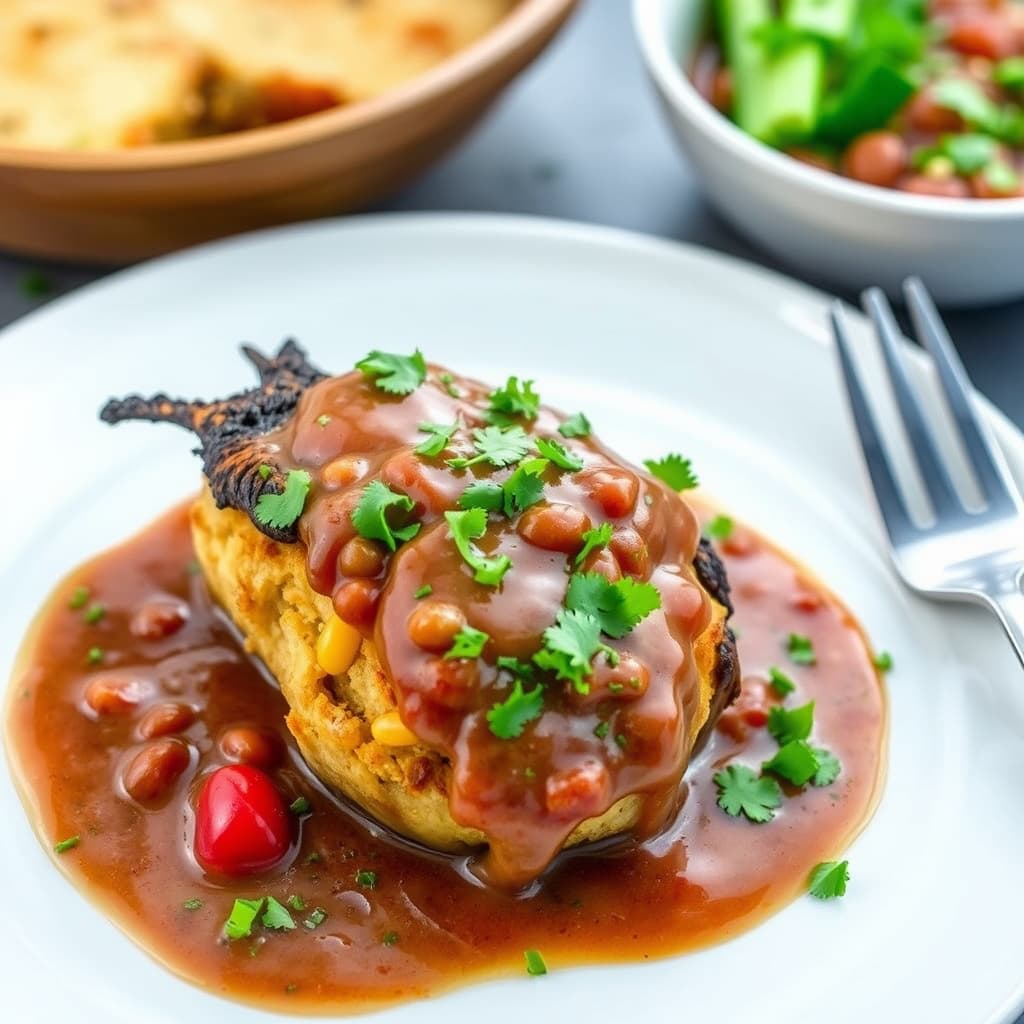 Andouille-korngrostet vaktel fylt med andouille, servert med rød øye-saus