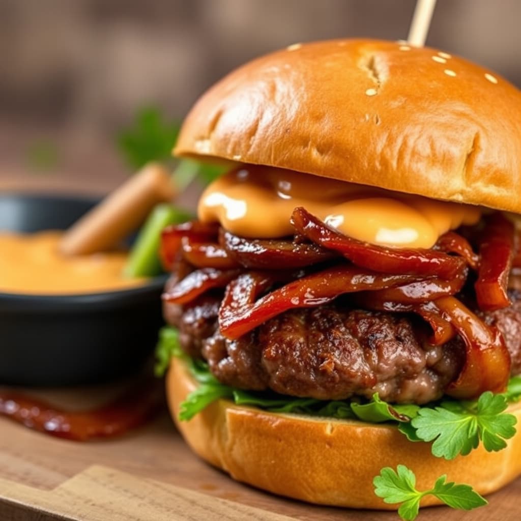 Andouille- og biffburgere med krydret majones og karamelliserte løk