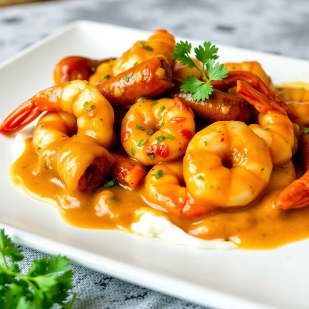 Andouillepølse og reker med kreol-sennepssaus