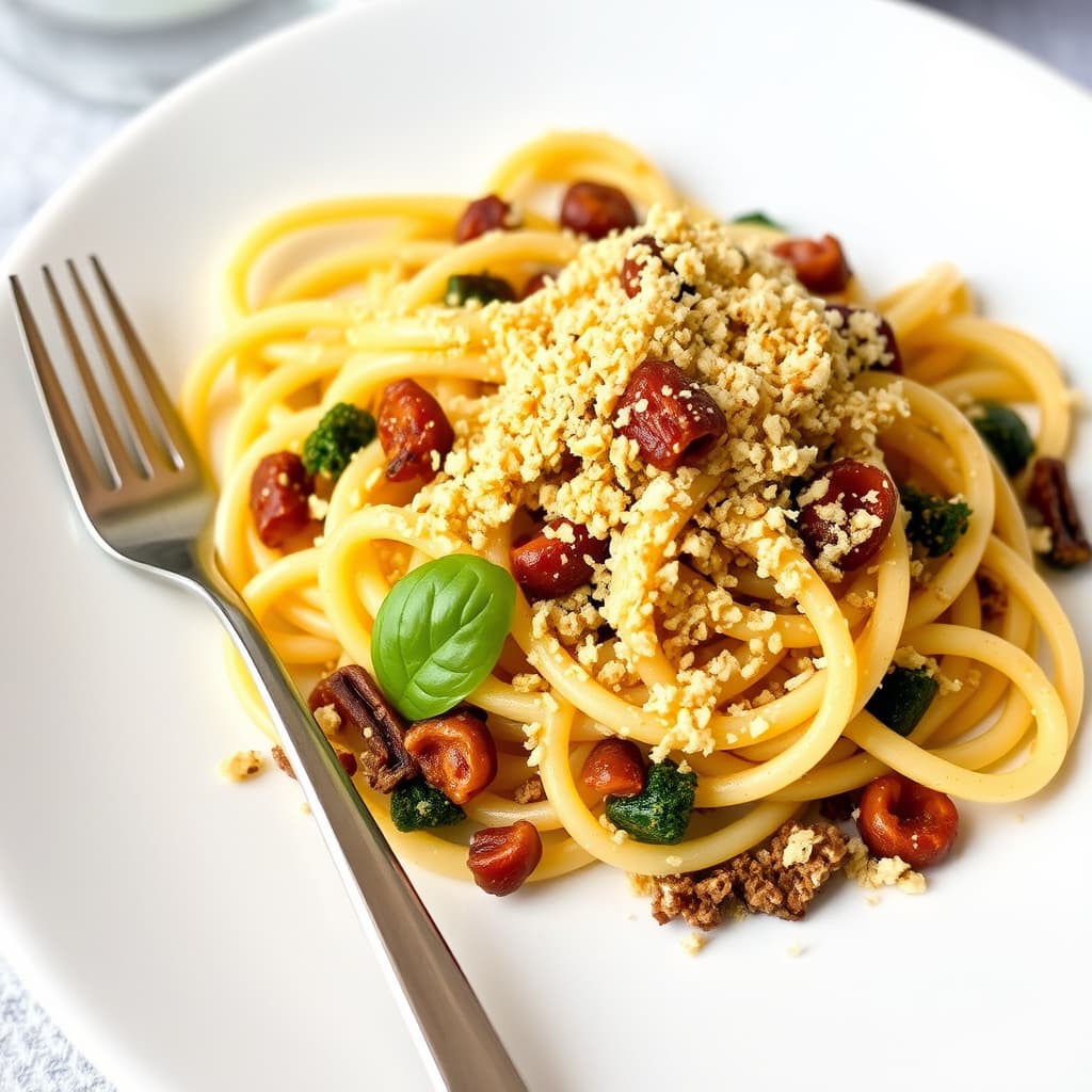 Ansjospasta med hvitløksbrødsmuler