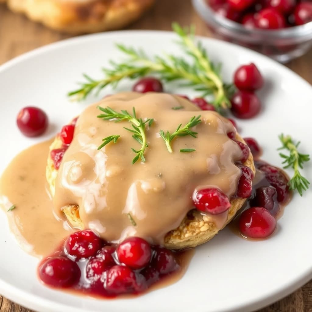 Åpen ansiktsterturkey-fyllingskake med saus og tyttebærsyltetøy