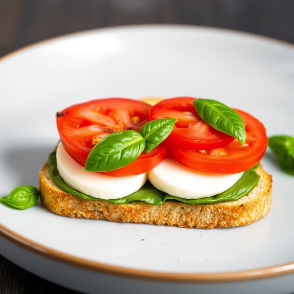Åpen tomat-, mozzarella- og basilikumsandwich