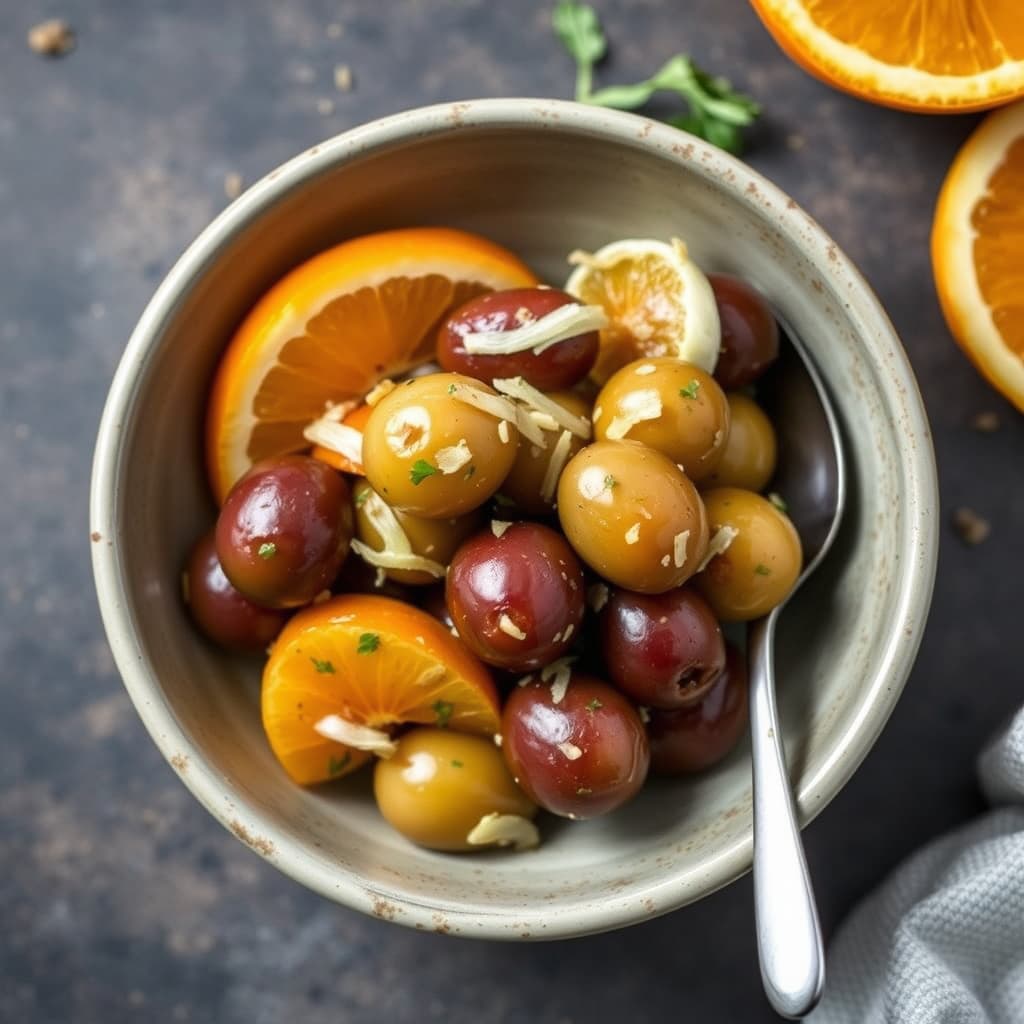 Appelsin, fennikel og hvitløksmarinerte oliven