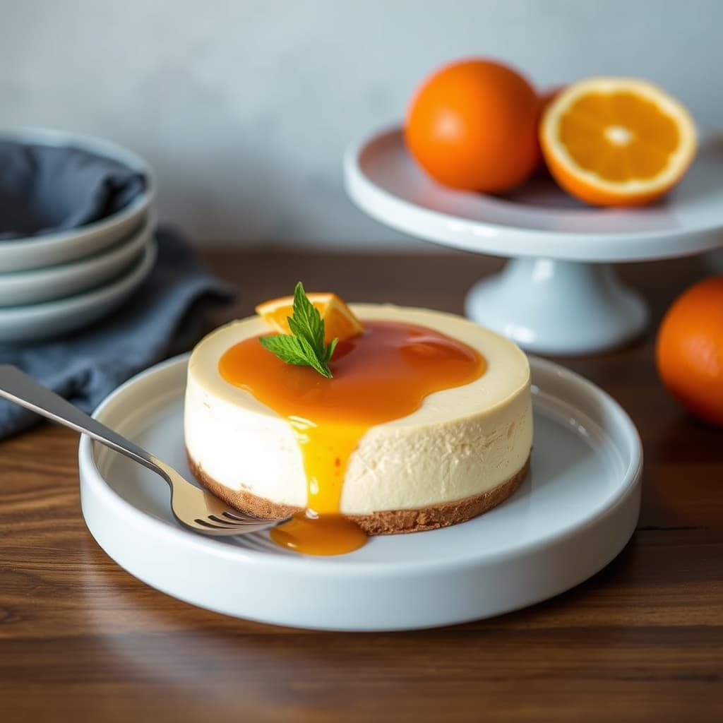 Appelsinostekake med karamell- og appelsinsaus