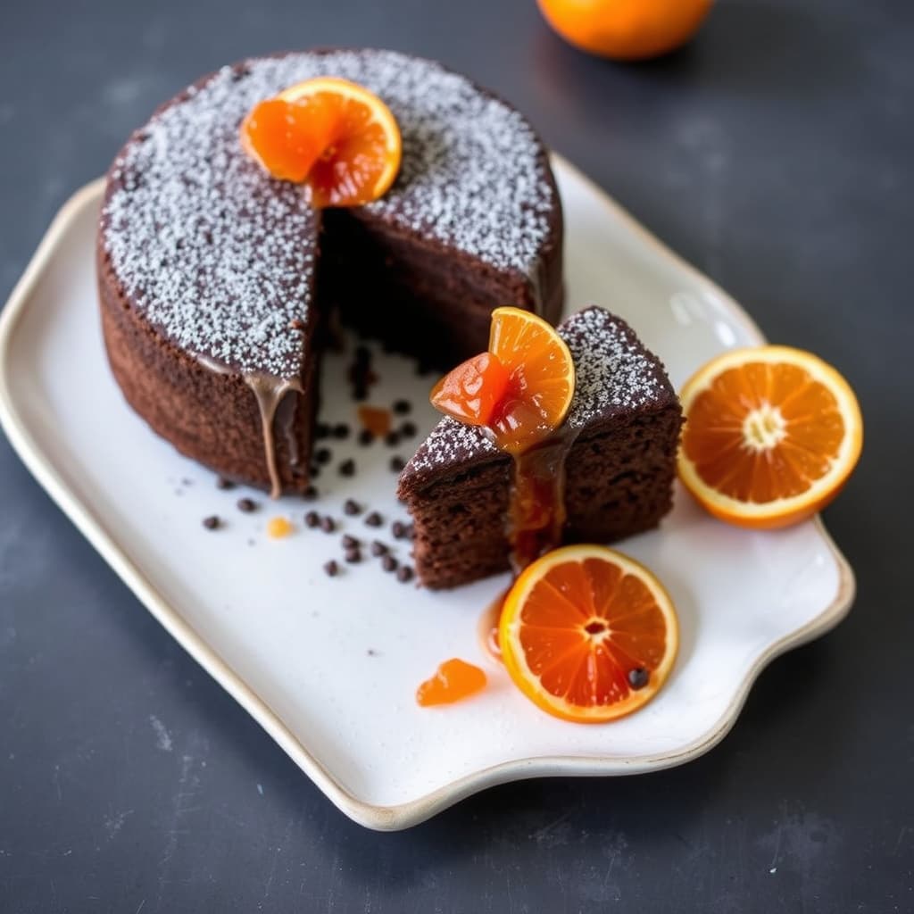 Appelsinsmakende bittersøt sjokoladekake med kandisert blodappelsinkompott