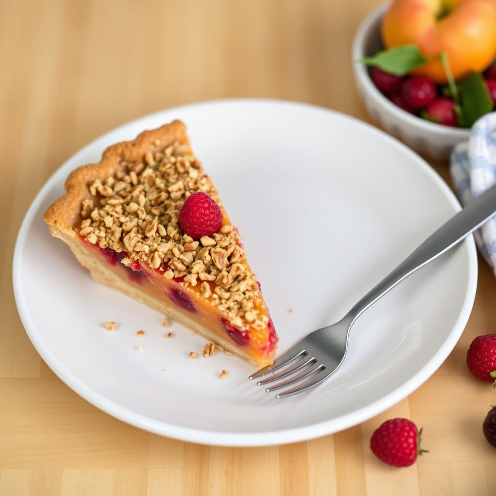 Aprikos- og bringebærpai med hasselnøttstreusel-topping