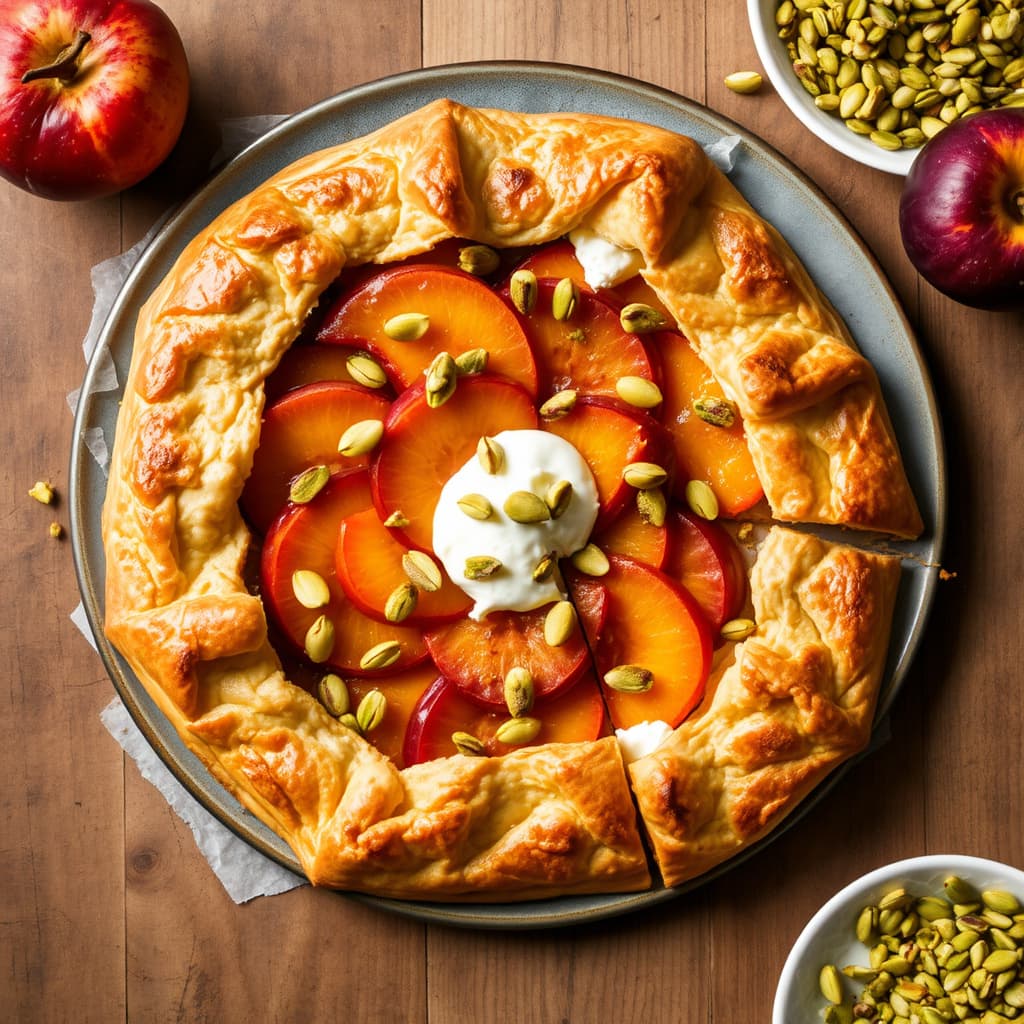 Aprikos- og plommetærte med kremost og pistasjnøtter