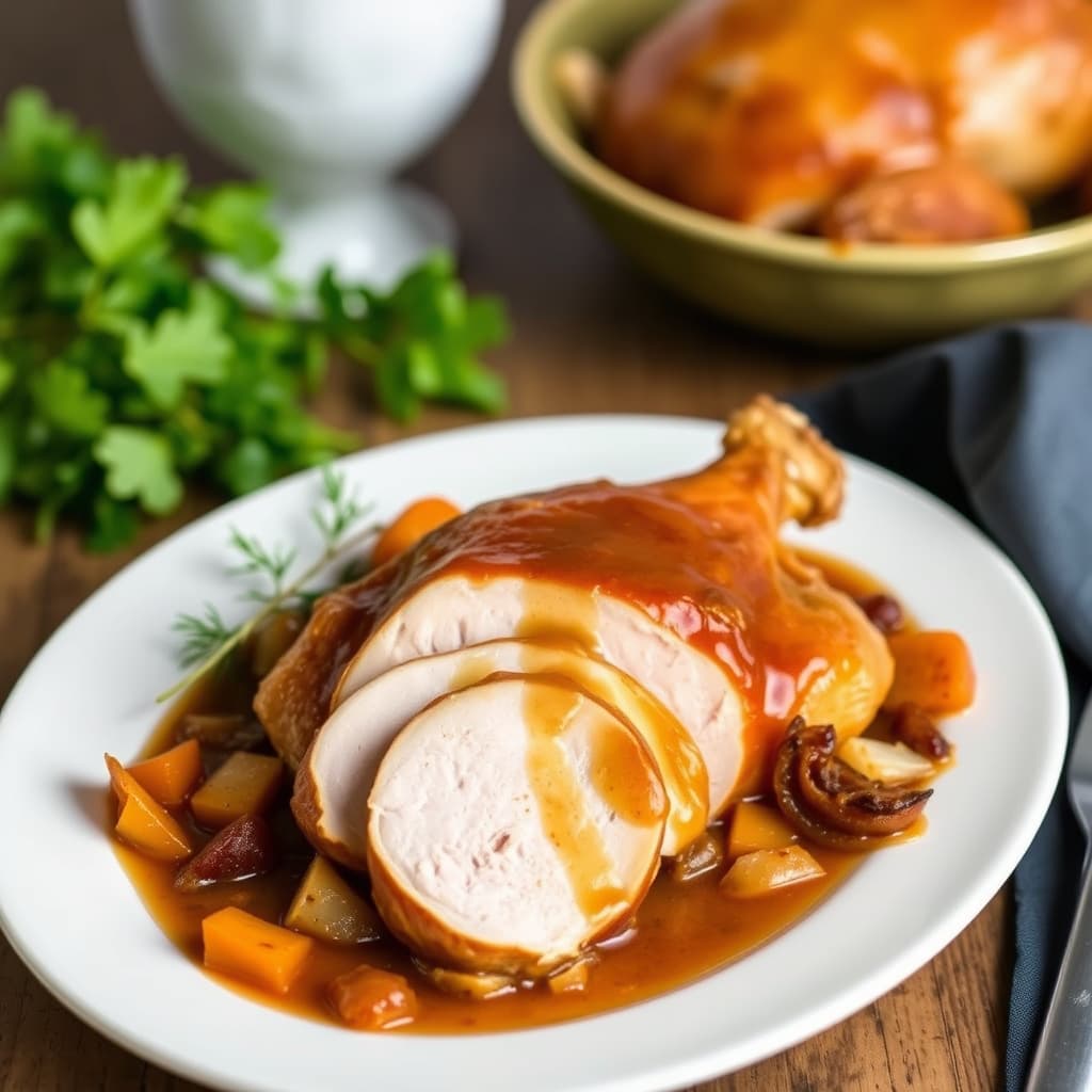 Aprikosglasert kalkun med ovnsbakt løk- og sjalottløkssaus