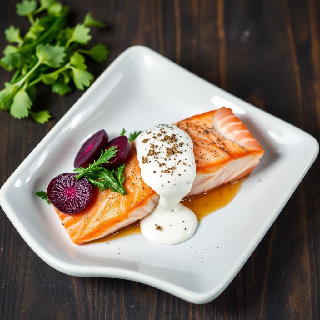 Arktisk røye med pepperrotkrem, søt-sure rødbeter og løvetannblader