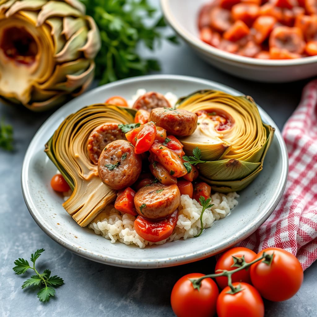 Artisjokker med pølse og tomat