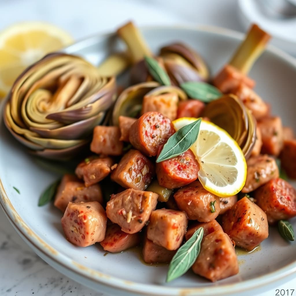 Artisjokker med svinepølse, sitron og salvie