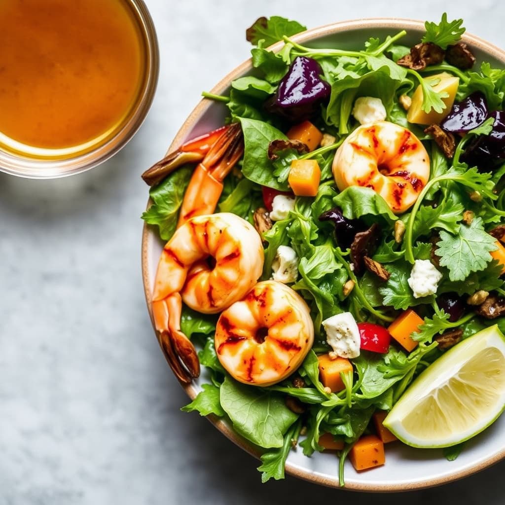 Arugolasalat med grillede tamarindreker og chili-lime vinaigrette