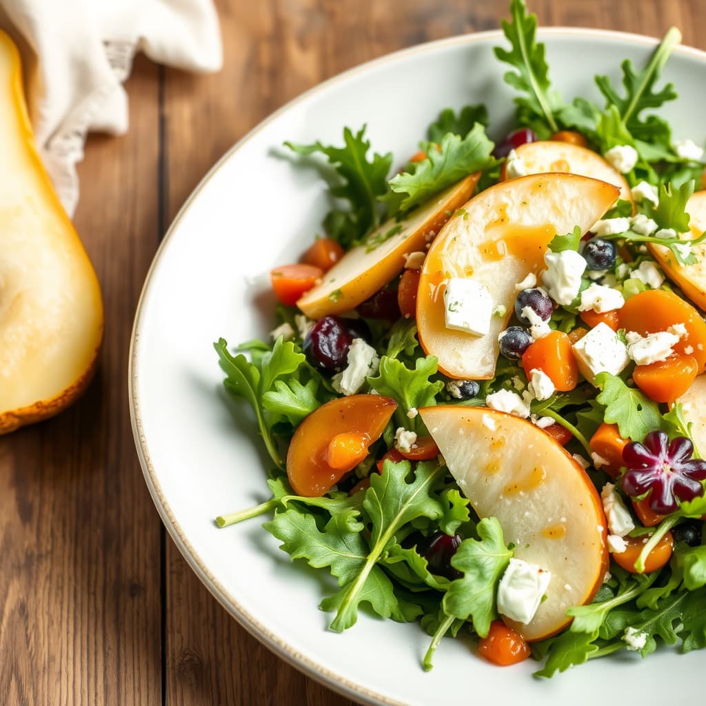 Arugolasalat med pære, blåmuggost og aprikosvinaigrette