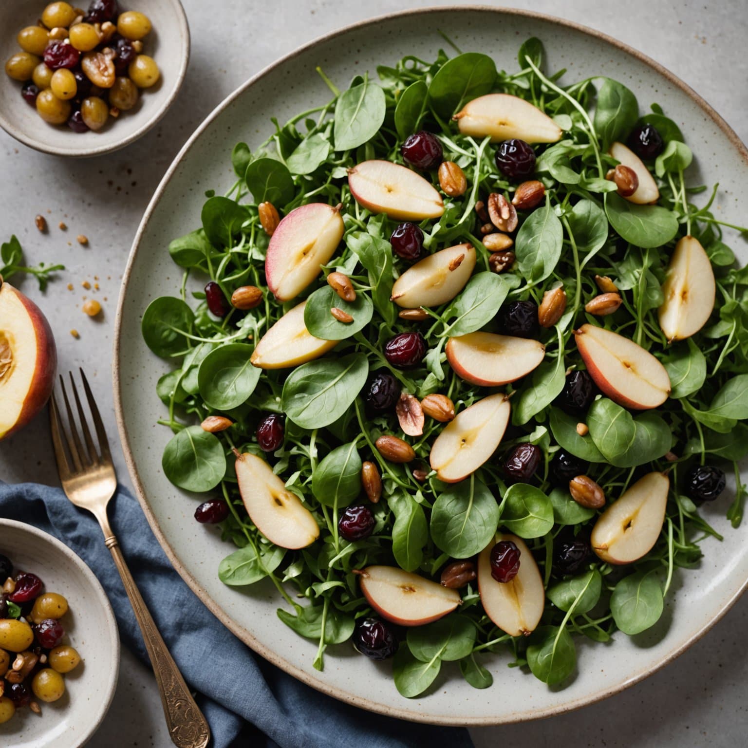 Arugolasalat med pærer, ovns-tørkede druer og ristede sjalottløk-vinaigrette
