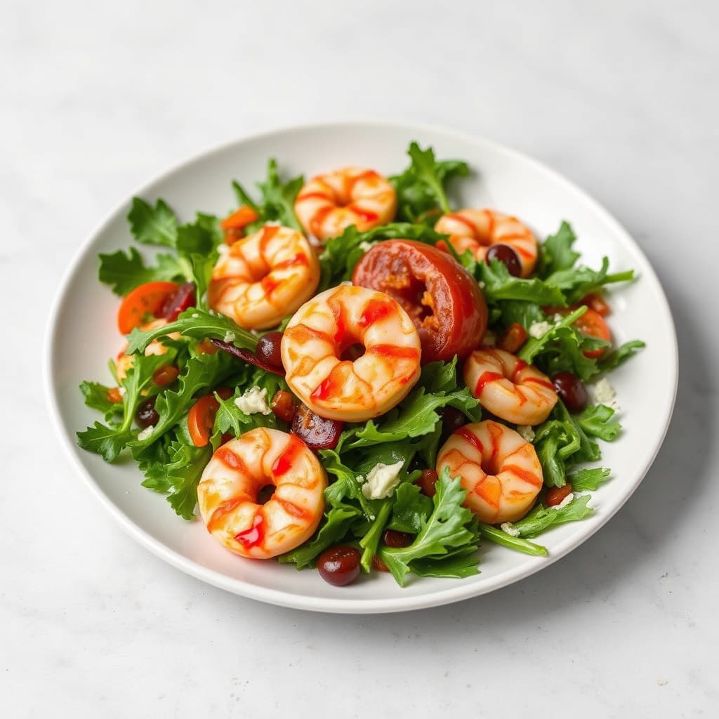 Arugolasalat med stekte reker og ovnsbakt rød paprika-vinaigrette