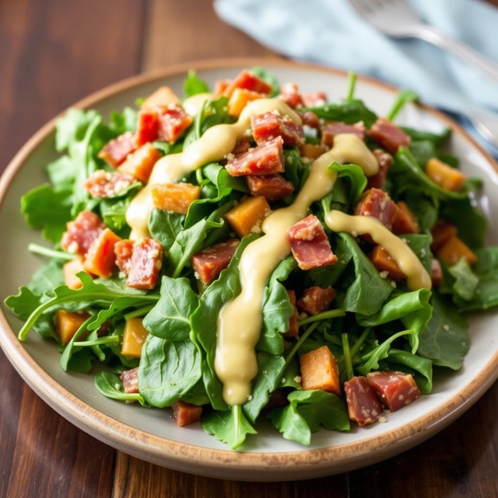 Arugolasalat og spinatsalat med prosciutto og kremet mangodressing