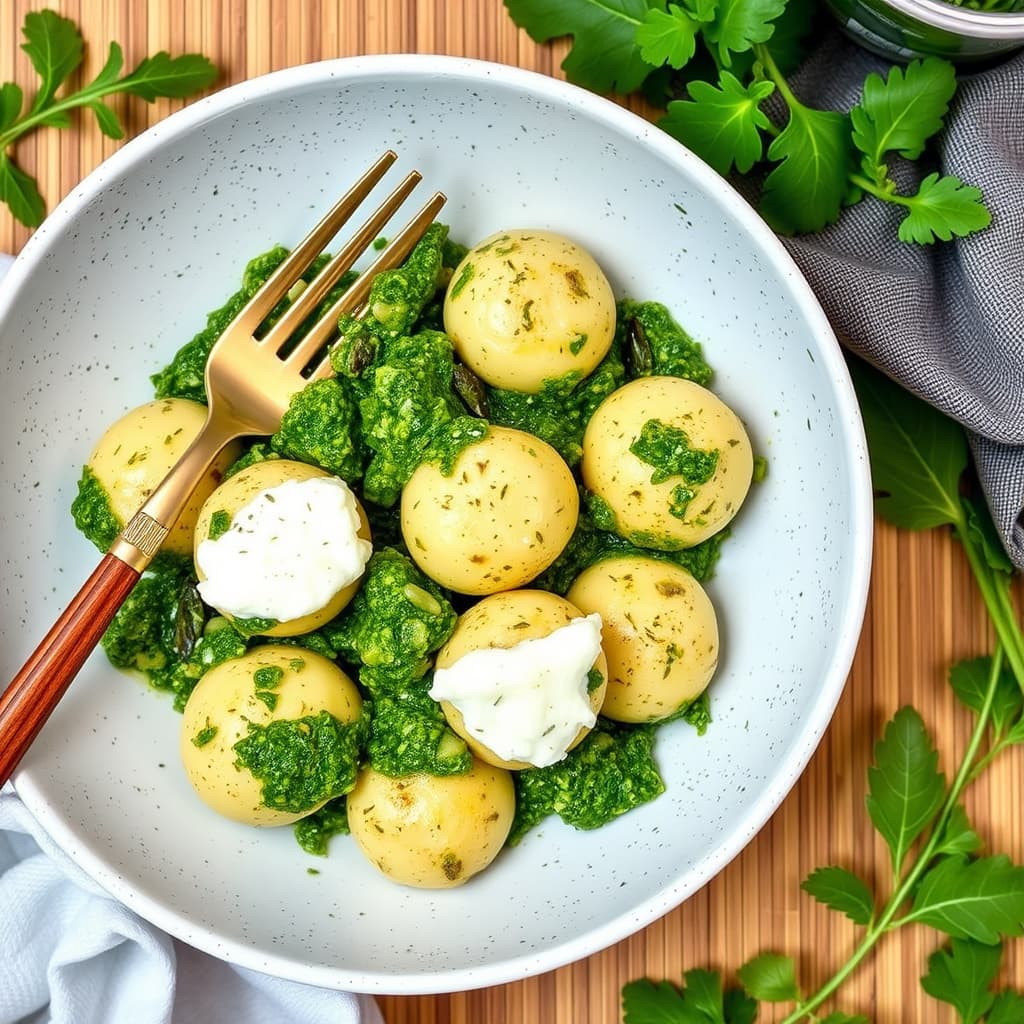 Arugulapesto med urtet ricottagnocchi