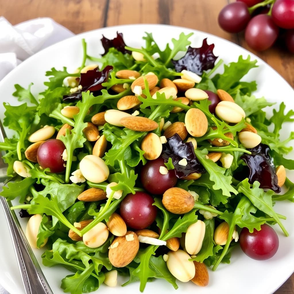 Arugulasalat, druesalat og mandelsalat med saba-vinaigrette