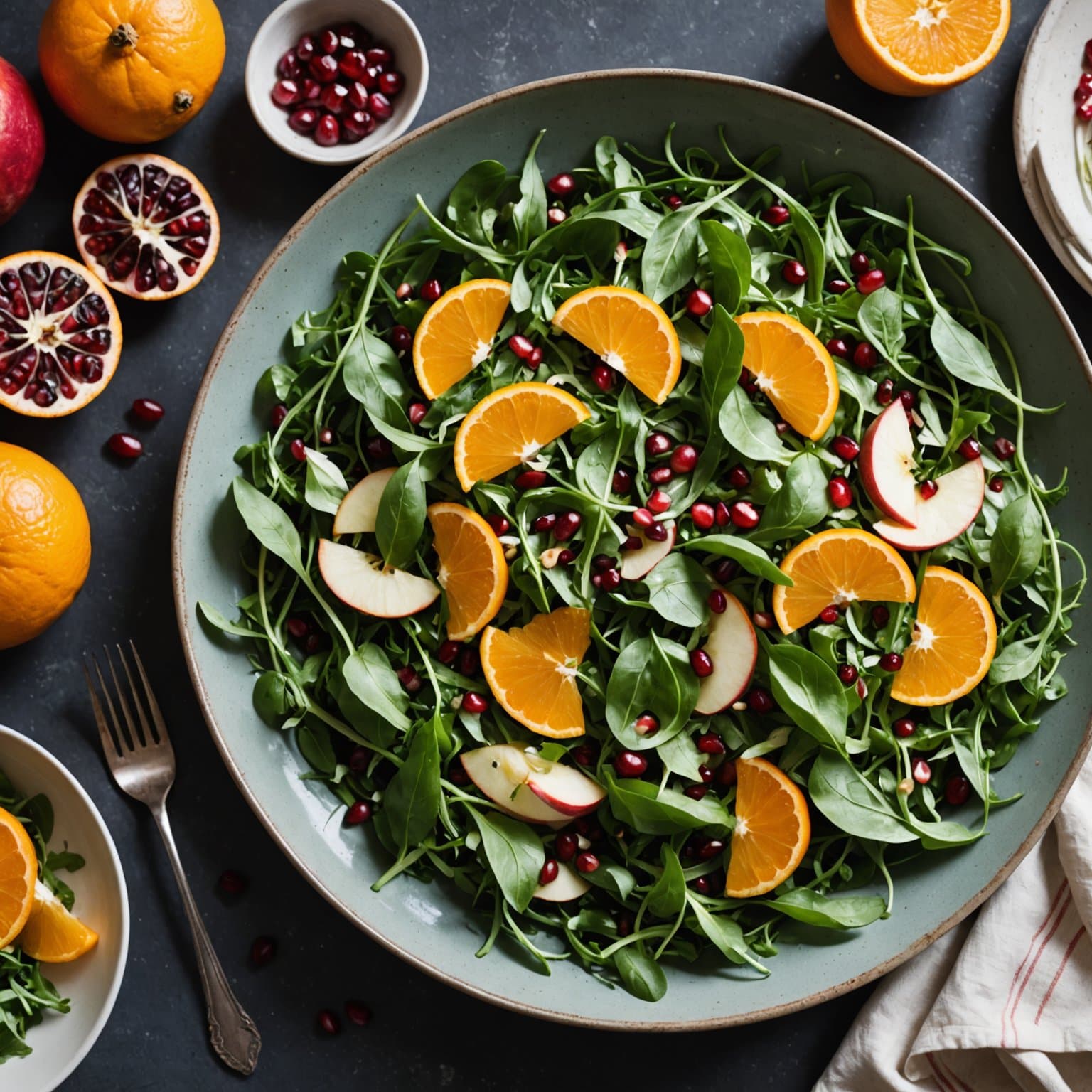 Arugulasalat med fennikel, eple, mandarinskiver og granateple